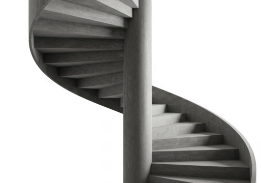 Modern concrete spiral staircase with central column isolated on transparent background