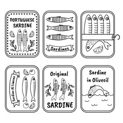 Hand drawn sardine tin illustrations. Vintage doodle style canned fish labels. Portuguese sardines, lemon olive oil seafood, retro fish packaging icons. Coastal Mediterranean product sketch art.