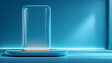 Transparent futuristic holographic touchscreen in glowing blue light with copyspace, perfect for modern tech backgrounds.

