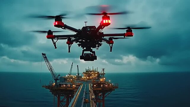 Drone footage of an offshore oil rig platform at sea under an overcast sky