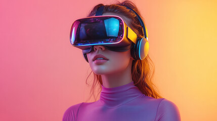 young woman in purple long sleeve shirt using vr headset and interacting with digital holographic interface on vibrant yellow background, concept of metaverse technology and virtual future