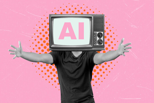 Human with AI TV head collage art. Embrace the TV head.