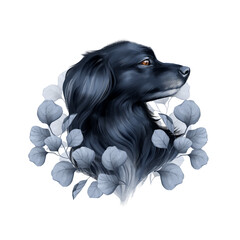 Elegant Black Dog with Blue Leaves
