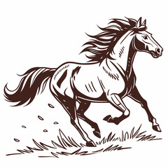 Majestic brown horse galloping through grassy field mustang running