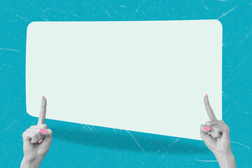 Hands pointing at a blank space against a textured blue background for creative use