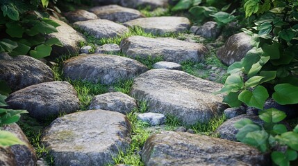 Stone path through lush greenery.  Cobblestones, surrounded by vibrant foliage