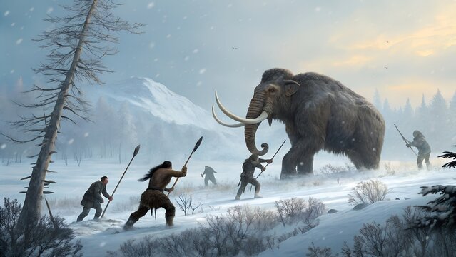 Prehistoric Hunters Confronting a Woolly Mammoth in a Snowy Ice Age Landscape