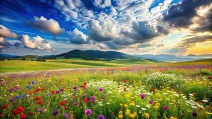 Fototapeta premium Serene Meadow Landscape Featuring a Vibrant Wildflower Bloom Under a Dramatic Sky