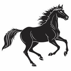 Obraz premium Black horse silhouette galloping with flowing mane and tail white background