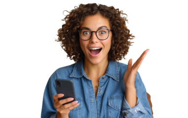 Excited woman sitting on a sofa, holding a mobile phone and making a Yes hand gesture while screaming with joy. Isolated on a seamless white background. Perfect for celebration, lifestyle, and technol