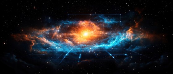 Vast cosmic galaxy with bright fiery center and surrounding blue and orange nebulae in deep space scene