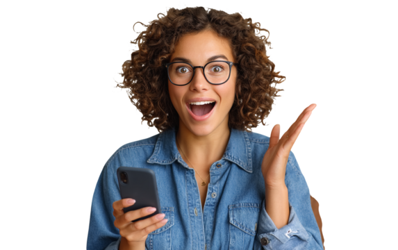 Excited woman sitting on a sofa, holding a mobile phone and making a Yes hand gesture while screaming with joy. Isolated on a seamless white background. Perfect for celebration, lifestyle, and technol