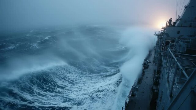 A dramatic side view of a ship at full throttle where the bow is submerged partially in a wave and water sprays outward in a fine mist capturing the powerful interaction between the