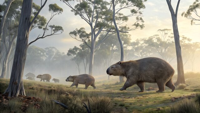 Giant Diprotodons Roaming Hazy Ancient Australian Bush Dawn