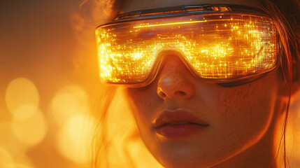 girl in virtual reality with neon holographic ui on vibrant yellow background 