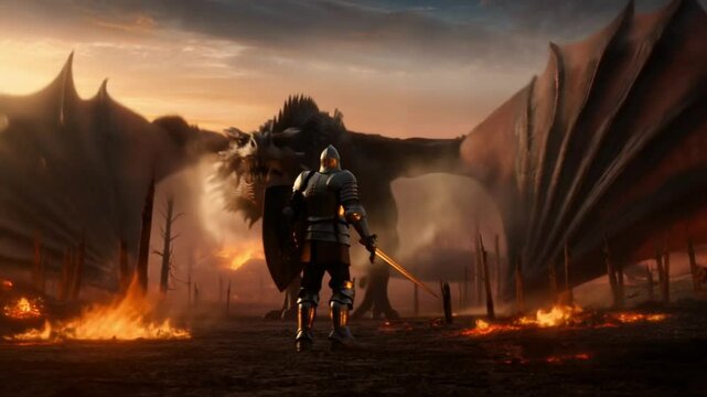 Courageous medieval knight standing fearlessly against massive mythical dragon, battling amid burning landscape during dramatic sunset confrontation, embodying epic struggle between good and evil