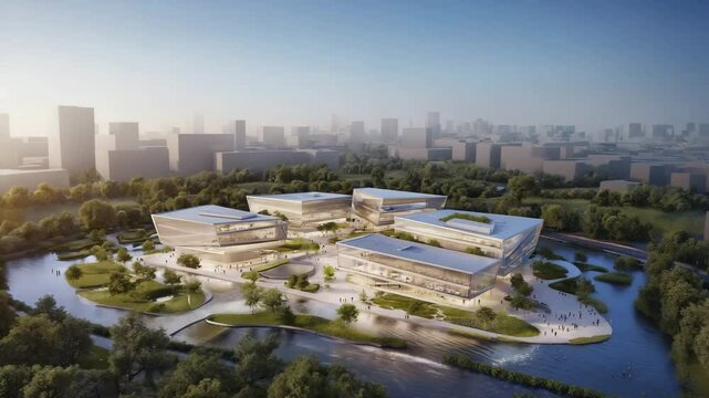 Aerial View of a Modern Campus or Business Park with Multiple Contemporary Buildings, Green Spaces, and a Winding River or Lake, Against a City Skyline