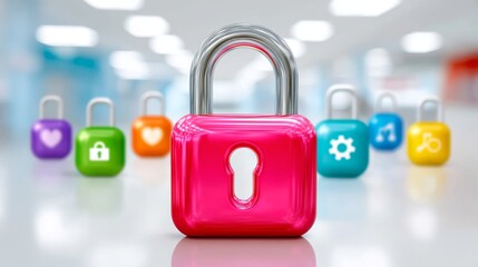 Digital lock with network security surroundings modern office 3d illustration digital environment close-up view