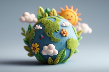 Clay Earth model, sun, plants, clouds, studio background, eco-campaign