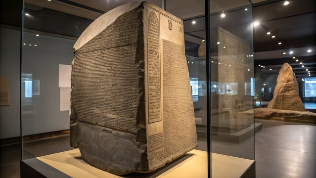 The iconic Rosetta Stone a treasure of ancient Egypt displayed in a museum gallery