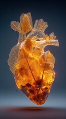 Heart Sculpture with Transparent Leaves and Vibrant Amber Glow