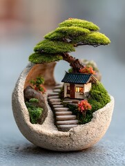 a miniature house in a rock with a tree growing ou