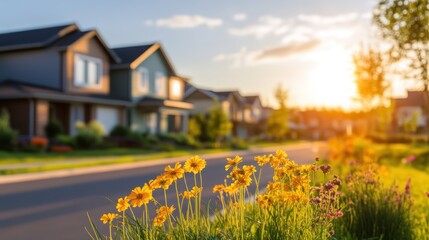 Beautiful suburban neighborhood street with colorful flowers and warm sunset lighting in a peaceful residential area