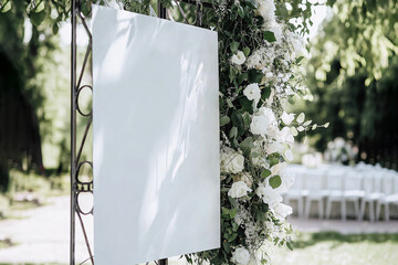 Blank Wedding Sign on Floral Arch in Outdoor Garden Ceremony