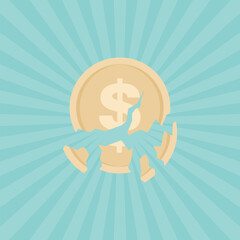 Cracked and broken into pieces gold dollar coin on green background with rays. Flat vector illustration
