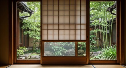 Interior view of a traditional Japanese room with shoji screens overlooking a serene garden.