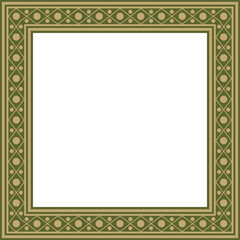 Vector square gold with green ancient Russian ornament. Slavic rectangle, border, frame. Painting of the royal chambers.
