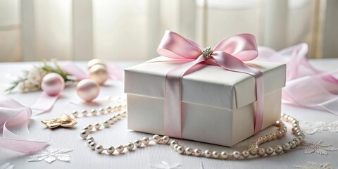 A delicately wrapped present with a blush pink ribbon, adorned with pearls and soft decorations, sits on a white surface.