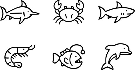 Sea creatures icon set. Containing dolphin, crab, and more. sea animal line icons. Vector illustration