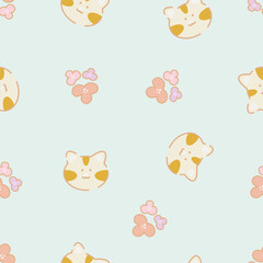 Vector seamless pattern with cute kitten faces and flowers. Hand-drawn cat face and flora concept. Cute animal design cards, texture for fabric, wrapping, wallpaper, apparel and phone cases.