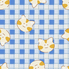Colourful cat and lines seamless pattern. Cute cartoon pet cat vector on checked for fabric, scarves, cards, scrapbooks, wrapping paper, and textiles