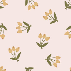 Tulip vector pattern, seamless repeating background, flat illustration. Pastel flower pattern with icons, floral wallpaper design for cards, fabric, wrapping, textiles, wallpaper, and stationery.