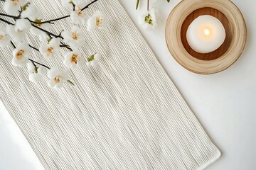 Serene tabletop featuring white blossoms, textured fabric, and a glowing candle in wooden holder