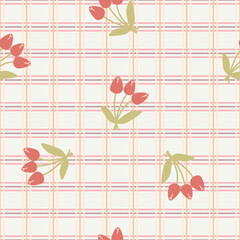 Tulip vector pattern, seamless repeating background, flat illustration. Pastel flower pattern with icons, floral wallpaper design for cards, fabric, wrapping, textiles, wallpaper, and stationery.