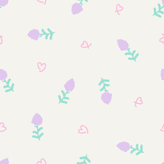 Lavender and heart seamless pattern for the spring or summer season. Purple flowers botanical with heart for fabric, scrapbooking, stationery, cards, wrapping, textiles and wallpaper.