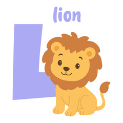 Letter L with cute lion. Alphabet animal for kids. Cartoon lion learning letter