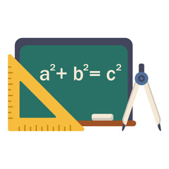 Math board with pythagorean theorem. Geometry tools and blackboard. School education concept