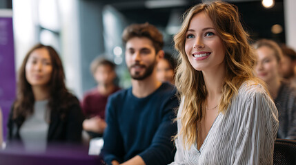 Fototapeta premium Attentive Young Woman in a Diverse Group Listening to a Presentation