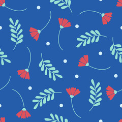 Cute floral seamless pattern with flowers and branches. Wildflower vector illustration in spring or summer. Elegant template for fabric, wallpaper, stationery, wrapping, card, and phone cases.