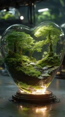 Heart-Shaped Glass Container with Lush Green Forest Landscape