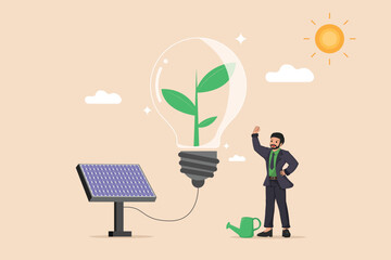 Sustainable Energy Growth: Businessman Watering a Plant Inside a Light Bulb Powered by a Solar Panel.