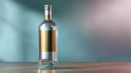 Naklejka premium Clear Glass Bottle with Gold Label on Wooden Tabletop