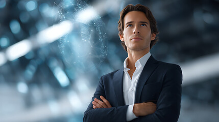 Confident Businessman Contemplating Future Technology, Digital Network, and Innovation