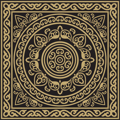 Vector square gold and black ancient Russian ornament. Slavic rectangle, border, frame. Painting of the royal chambers.
