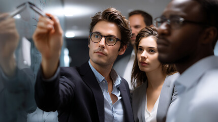 Focused Business Team Brainstorming Strategy on Whiteboard