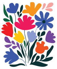 Colorful Abstract Floral Art – Multicolored Flowers and Leaves in Bold Vibrant Garden Design